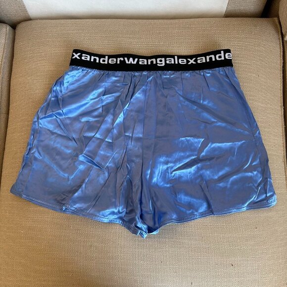 ✨ SALE NEW T by Alexander Wang Bermuda Boxer Silk Shorts Ocean Blue Logo Elastic - Picture 6 of 10